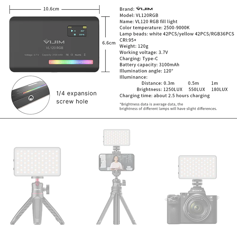 Ulanzi VL120 RGB cámara de vídeo luz Mini portátil 3100mAh fotografía iluminación Smartphone Vlog luz de relleno RGB luz de vídeo