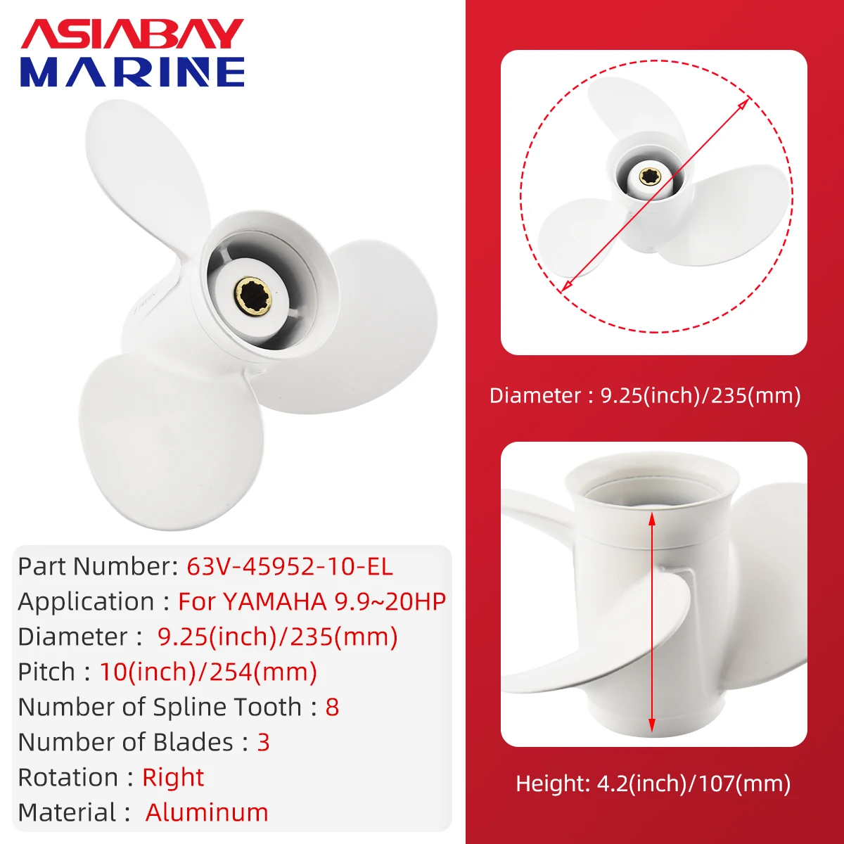 Hélice fueraborda para Yamaha 9.9hp 15hp 9 1/4*10 tornillo de aleación de aluminio para barco 3 hojas 8 estriados pieza de motor marino 63V-45952-10-EL