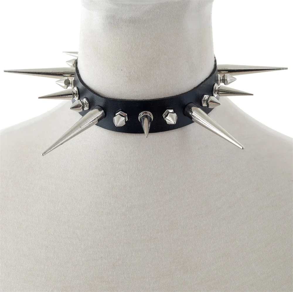 Gargantilla larga con punta, Collar Punk de piel sintética para mujeres y hombres, Gargantilla con tachuelas y remaches grandes, accesorios de Collar de estilo gótico