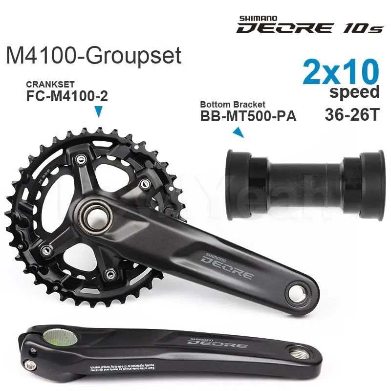 Grupo de Transmisión SHIMANO DEORE - M4100, Juego de Bielas FC-M4100-2 36-26T y Eje de Pedalier SM-BB52 /BB-MT500-PA- 2x10 velocidades