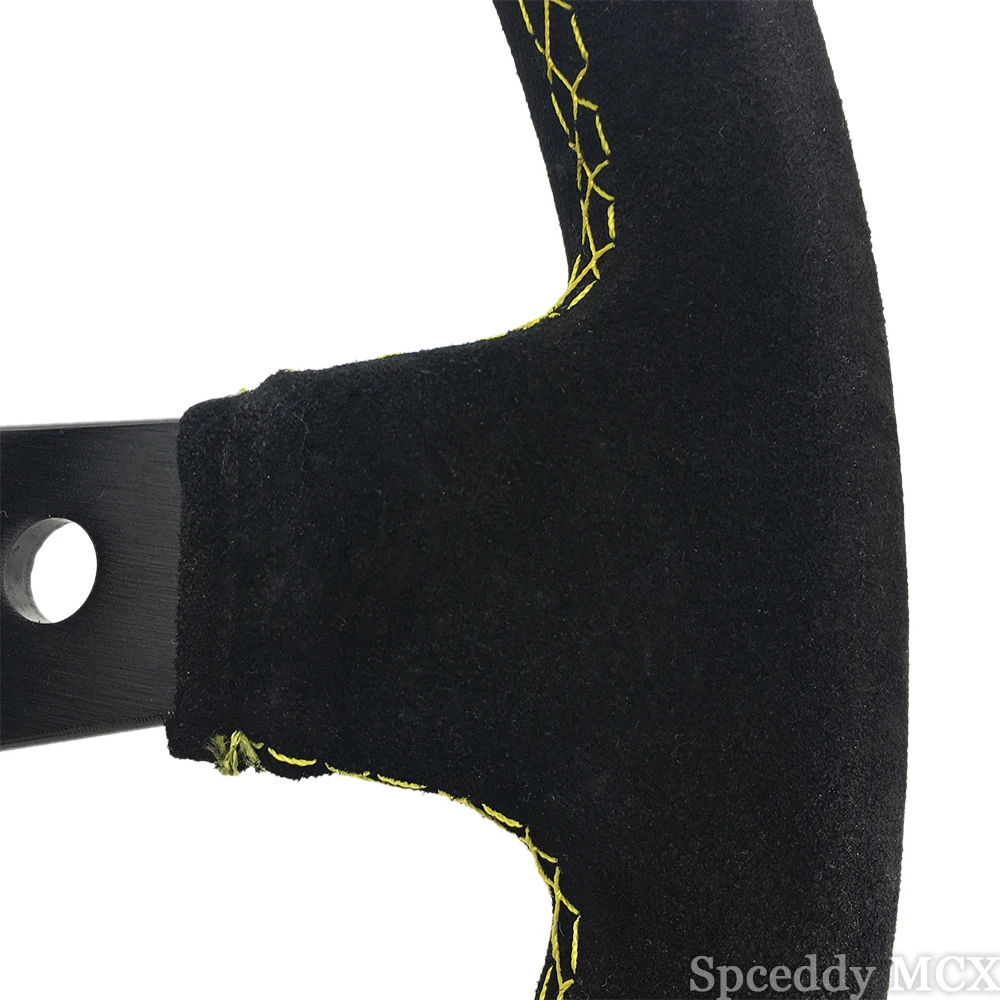 Volante Deportivo de 14 Pulgadas (350mm) de Cuero Suede Profundo para Drifting con Botón de Claxon y 6 Orificios, Negro y Azul