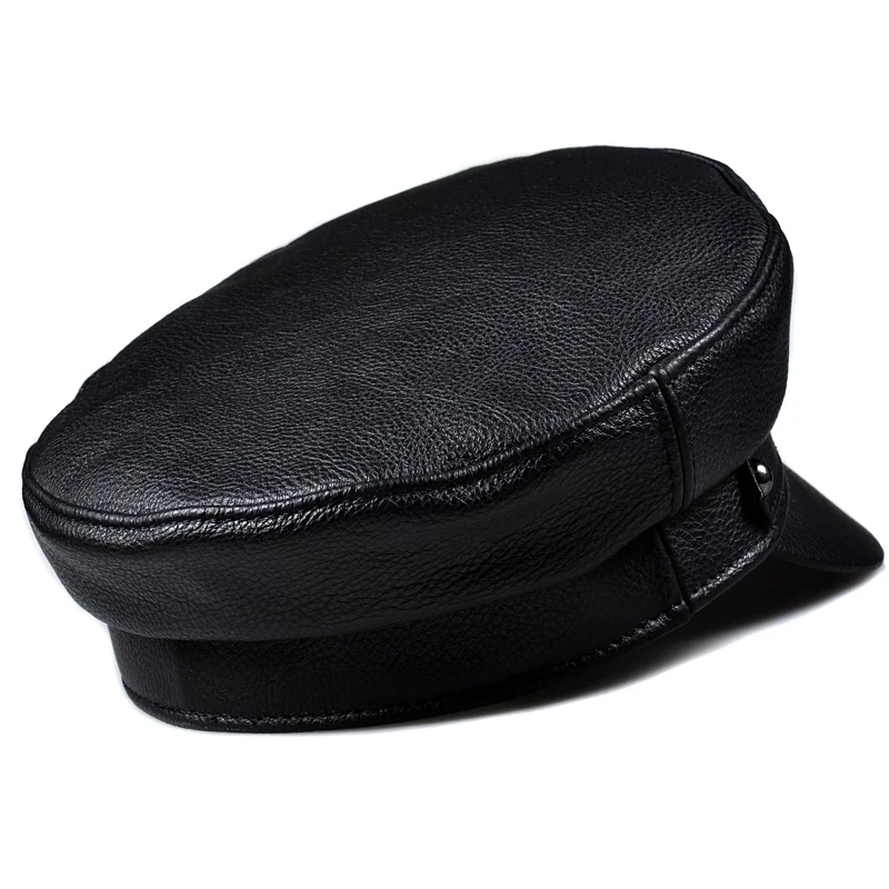 2025 invierno hombres/mujeres sombreros de cuero genuino azul marino Unisex ropa de calle europea/americana gorras negras ajustadas con cinturón Gorro al aire libre