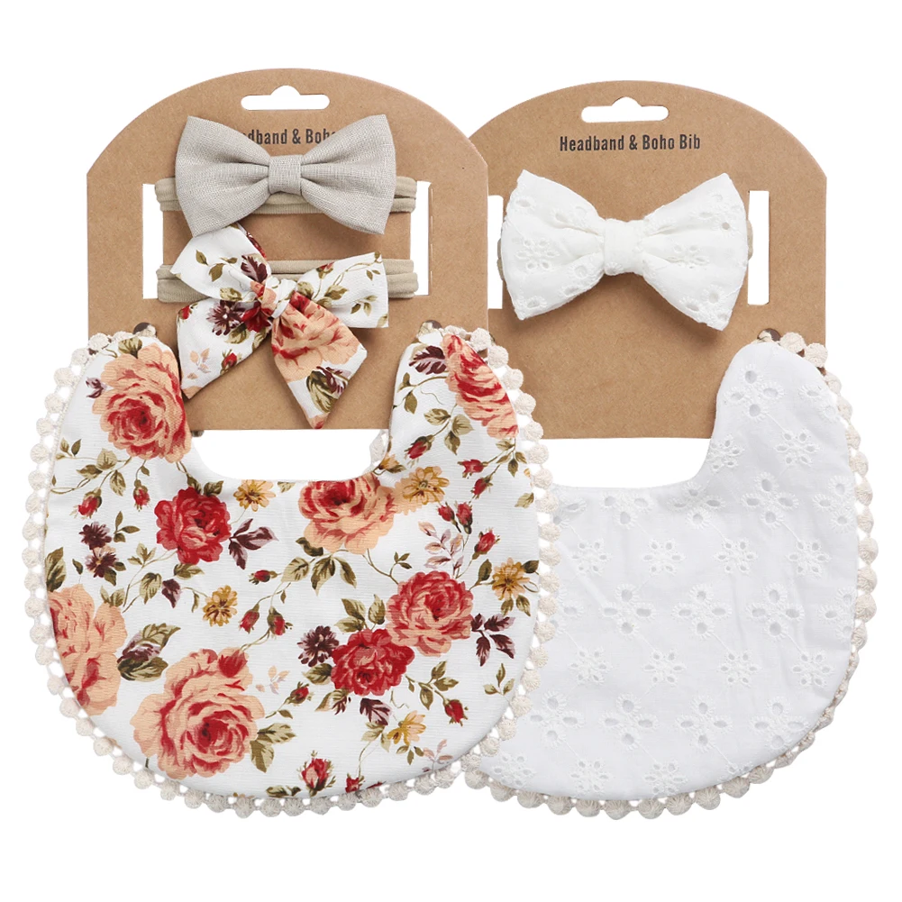 2 set/lote de Baberos bordados con estampado de flores para bebé, diademas, pajarita, bufanda, Bandana de doble cara, toalla de Saliva para niños pequeños, paño para eructar de alimentación