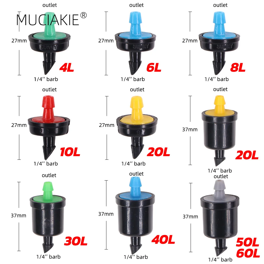 Goteros de microriego para jardín, boquilla reguladora de agua, emisor de compensación de presión de 200 pulgadas, 1/4 piezas, 4L, 8L, 10l, 20L, 30l, 40L, 50L, 60L