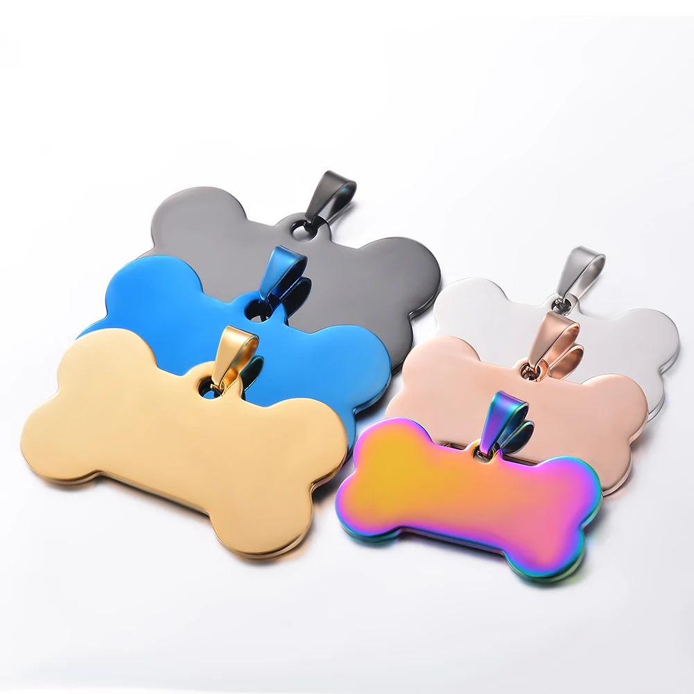 10 Uds. Venta al por mayor de etiquetas de identificación de perro/gato con forma de hueso de acero inoxidable, accesorios para Collar, joyería de etiqueta de identificación de mascota en blanco en 6 colores