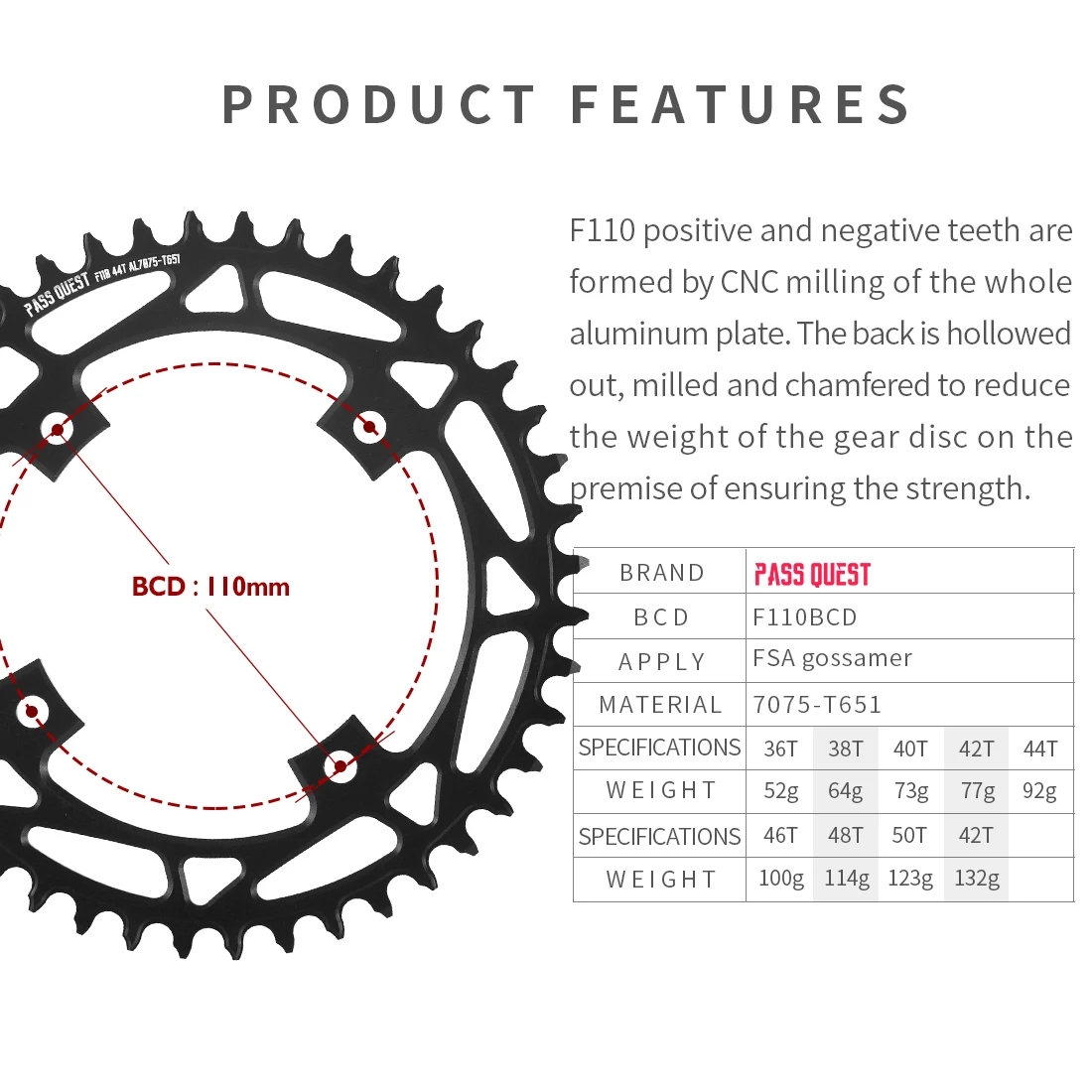 Plato BCD de 110mm para manivela FSA Gossamer 36T 38T 40T 42T 44T 46T 48T 50T 52T, cadena de bicicleta 110bcd