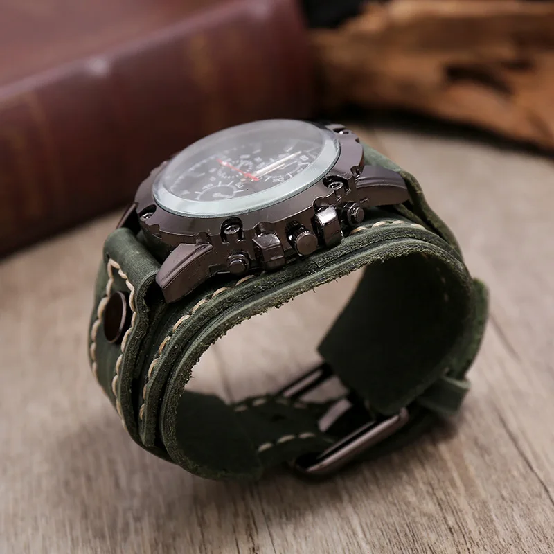 Relojes de cuarzo para hombre, reloj de pulsera de lujo 2024, correa de reloj de piel de vaca, reloj de estilo Punk para hombre, pulseras anchas de cuero genuino, joyería