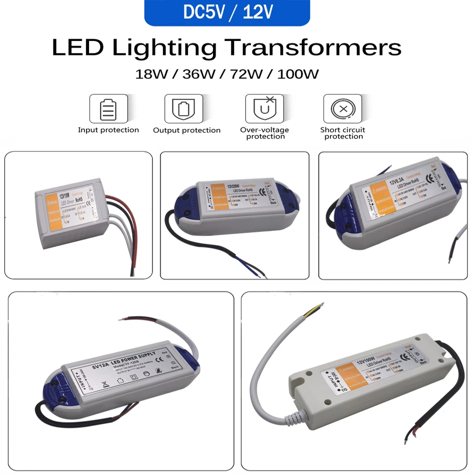 Fuente de alimentación de 5V Controlador LED de 12V Adaptador de corriente de 5 voltios 12 voltios 60W 72W 100W CA 110V 220V a CC 5V 12V 8A 20A Transformador de tira LED
