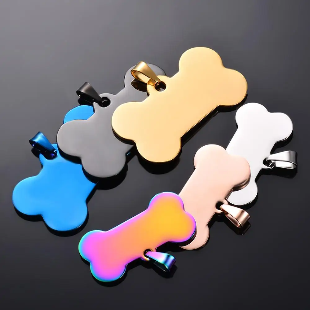 10 Uds. Venta al por mayor de etiquetas de identificación de perro/gato con forma de hueso de acero inoxidable, accesorios para Collar, joyería de etiqueta de identificación de mascota en blanco en 6 colores