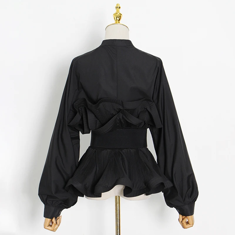 TWOTWINSTYLE-blusa elegante con volantes para mujer, Blusa de manga larga con cuello levantado, Túnica coreana, moda femenina, novedad