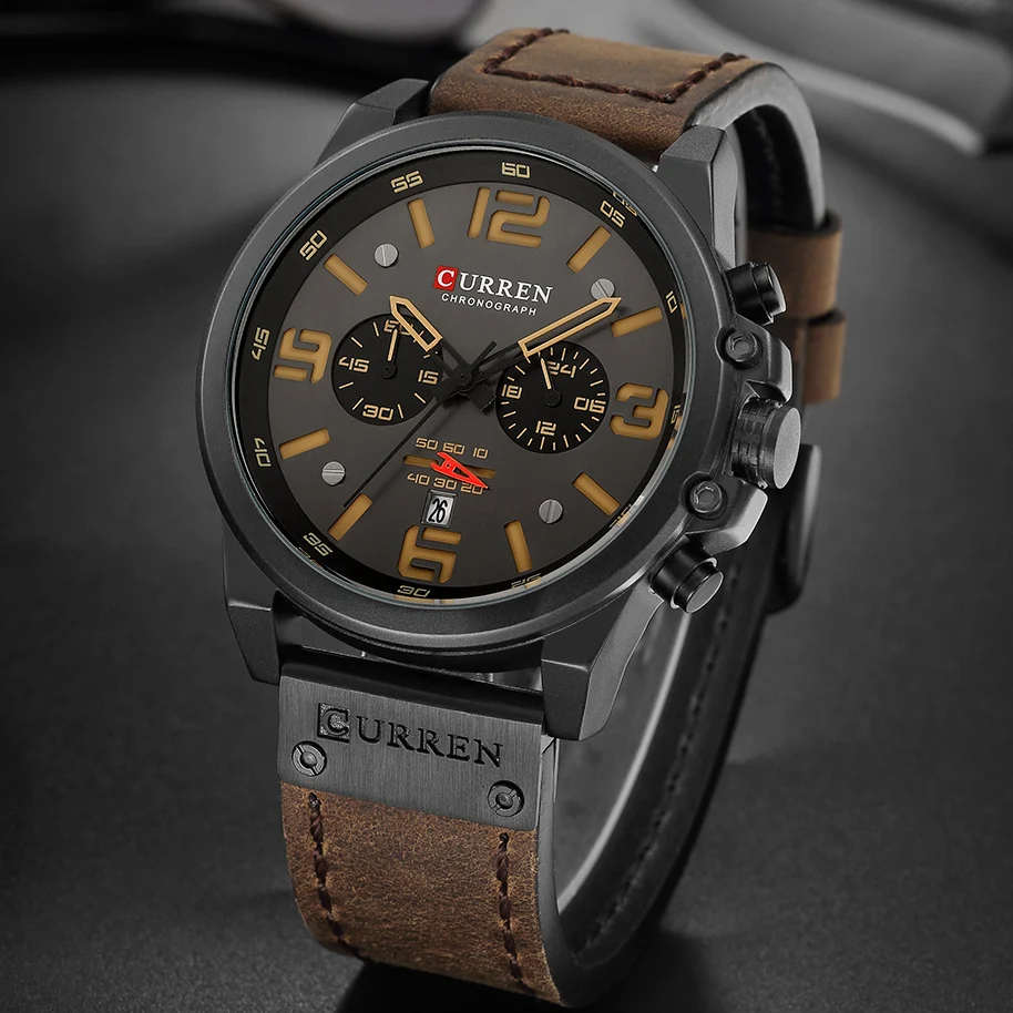 Relojes CURREN para hombre, marca de lujo, reloj de pulsera deportivo resistente al agua, cronógrafo de cuarzo, reloj militar de cuero genuino, reloj Masculino