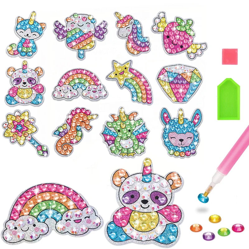 Kit de 12 pegatinas de pintura de diamante con gema grande, artesanía artística para niñas y niños, unicornio, Animal, Sealife, mosaico mágico, punto, juguetes adhesivos, regalos
