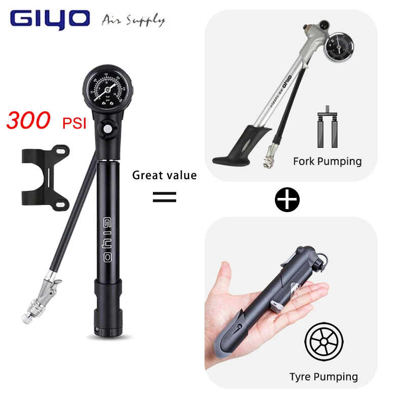Bomba de Aire para Suspensión de Bicicleta Giyo MTB 300psi con Manómetro, Inflador de Neumáticos para Bicicleta con Válvulas Schrader y Presta, Bomba para Horquilla de Bicicleta