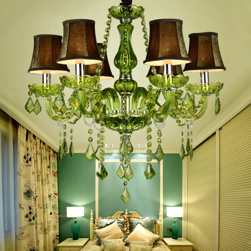 Candelabro de cristal verde de lujo, lámpara colgante de vela E14 para salón de bodas, dormitorio, Villa, Hotel, restaurante, cafetería, Bar