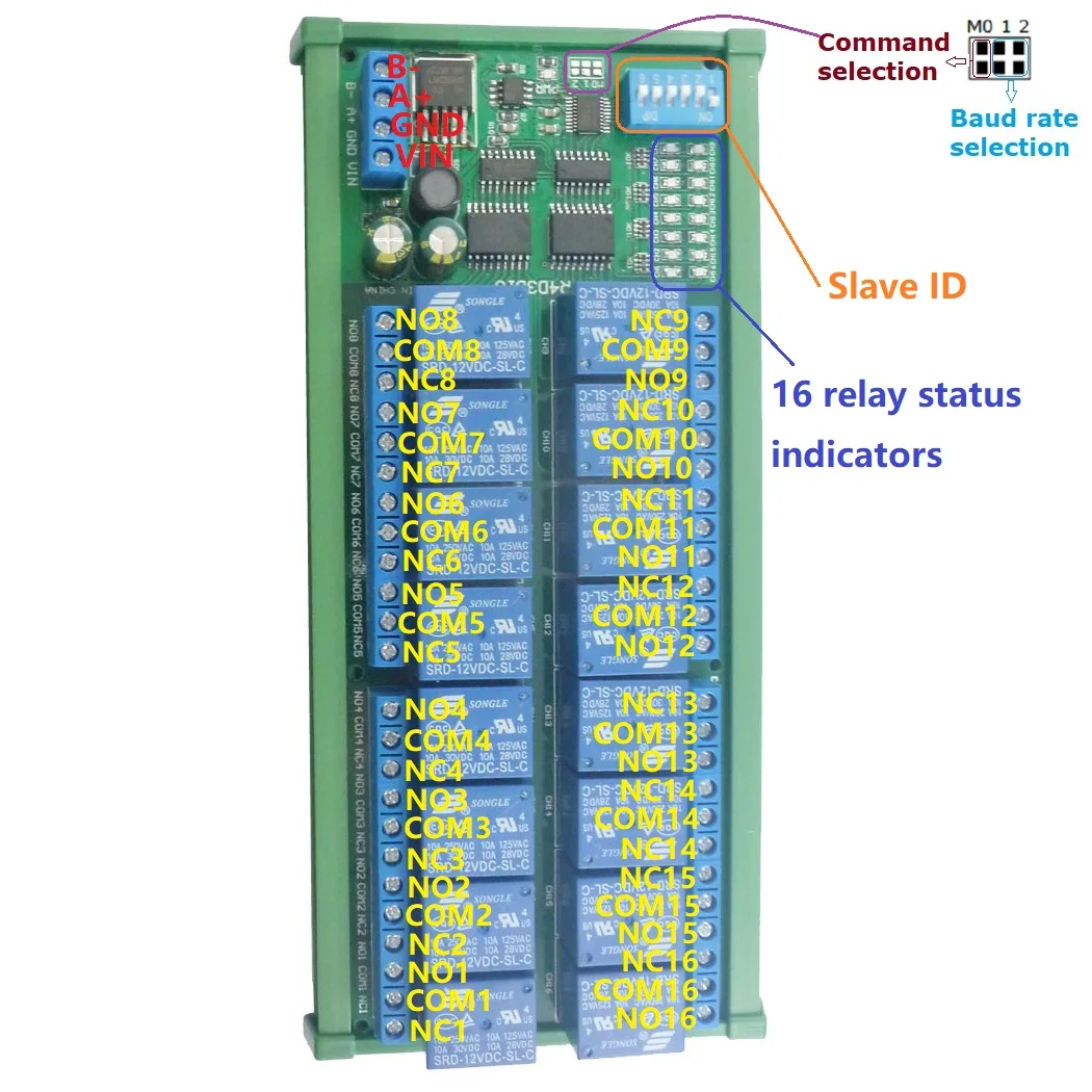Placa de expansión PLC de 16 canales, caja de Riel DIN, módulo de relé RS485 Modbus RTU, 12V, 10A