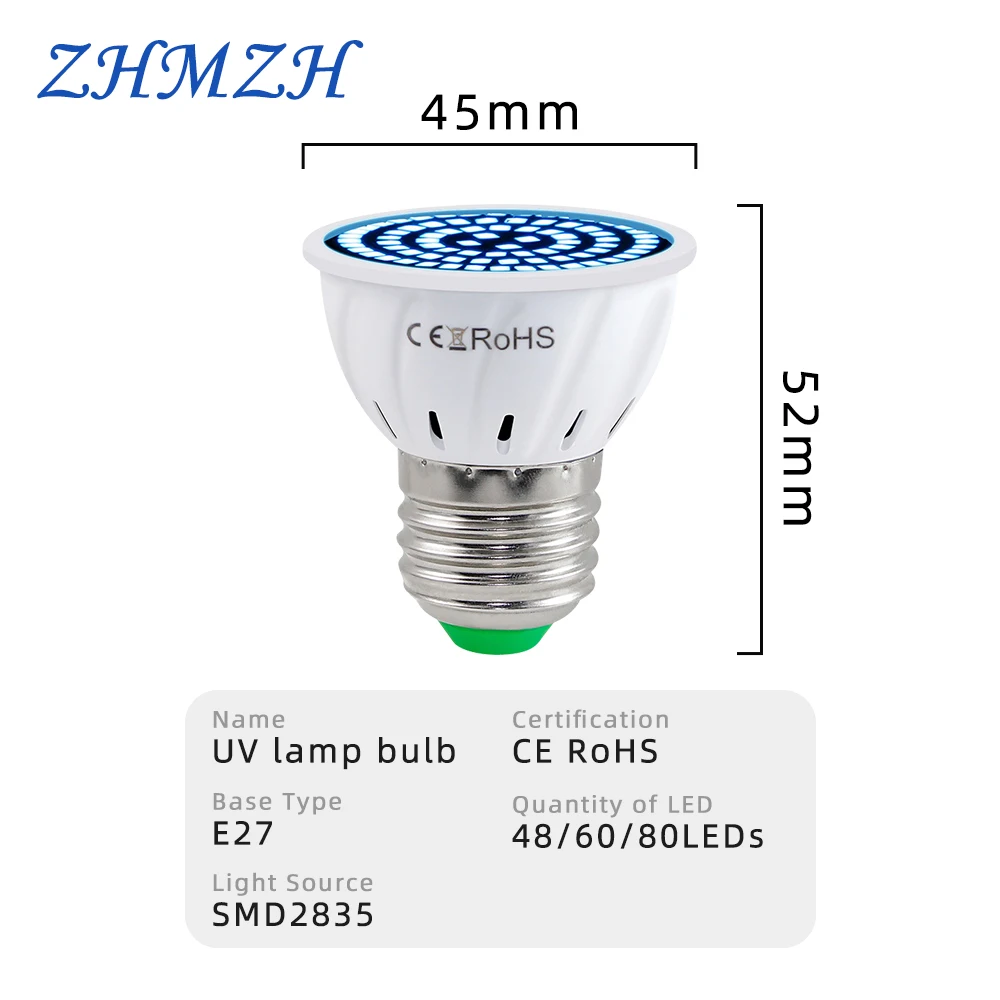 48 60 80 LEDs Bombilla de esterilización UVA Bombilla de desinfección de luz germicida ultravioleta E27 110V 220V 365nm Bombilla UV