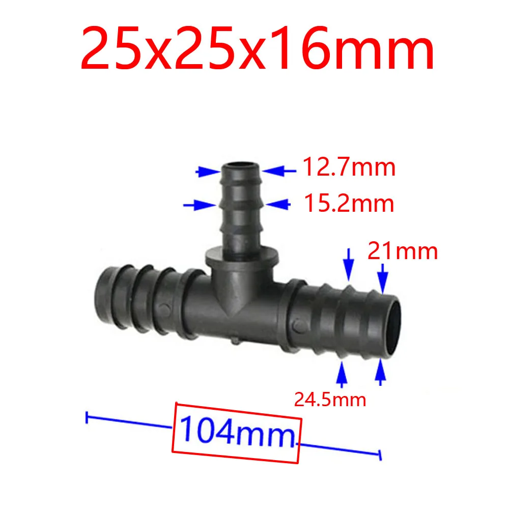 Manguera de jardín, 25mm, 20mm, 16mm, tubo de Pe, conector en T, reductor de agua, grifo divisor, tubo de riego, acoplador en T con púas, adaptador de goteo