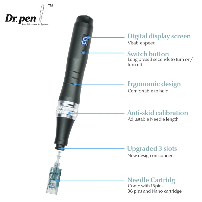 Auténtico Dr. Pen Ultima M8 Microneedling con 12 agujas, máquina de belleza inalámbrica para el cuidado facial, Derma Pen con longitud de aguja de 0.25 mm