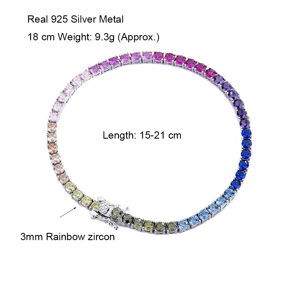 Sólido Plata 925 auténtica pulsera de tenis de circonita arcoíris de 3 mm 15/16/17/18/19/20/21 cm cadena de joyería fina bastante colorida para mujer