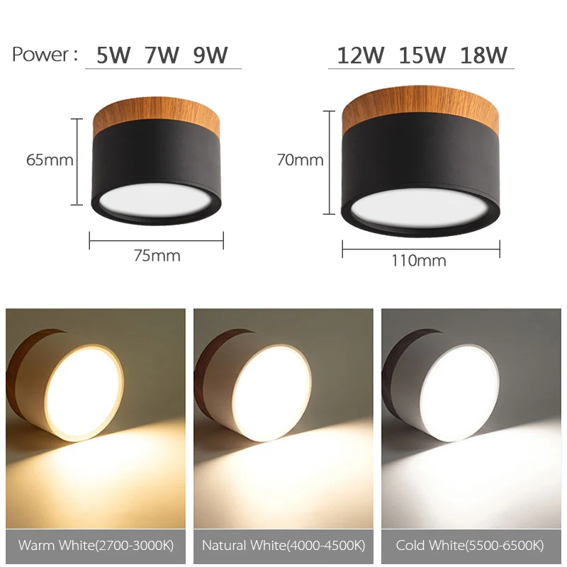 Lámpara LED de Techo Empotrada, 5W 7W 9W 12W 15W 18W, Regulable, Estilo Nórdico, Moderna, de Madera, para Decoración de Interiores