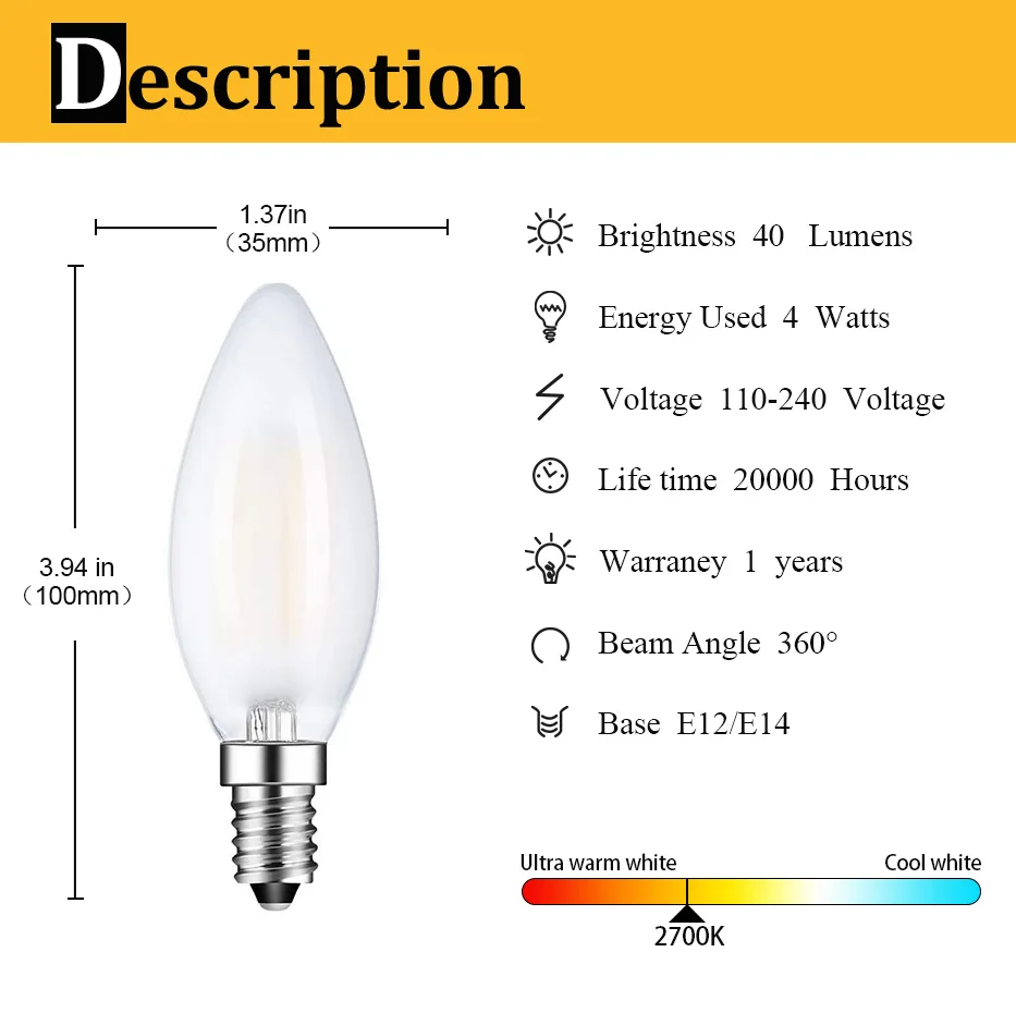 Bombilla LED Retro de Filamento C35, 4W 6W, Acabado Esmerilado, E12 E14, Regulable, Luz Cálida 2700k, para Lámparas de Araña