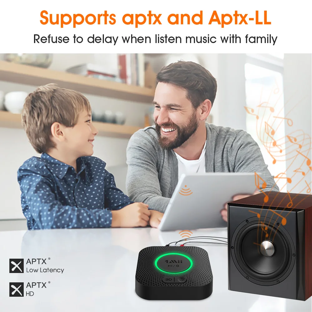 Receptor de Audio Bluetooth 1Mii AptX LL Dual Link RCA 3.5mm AUX, Música 3D, Adaptador de Audio Inalámbrico de Largo Alcance 30M para Altavoz B06 Plus