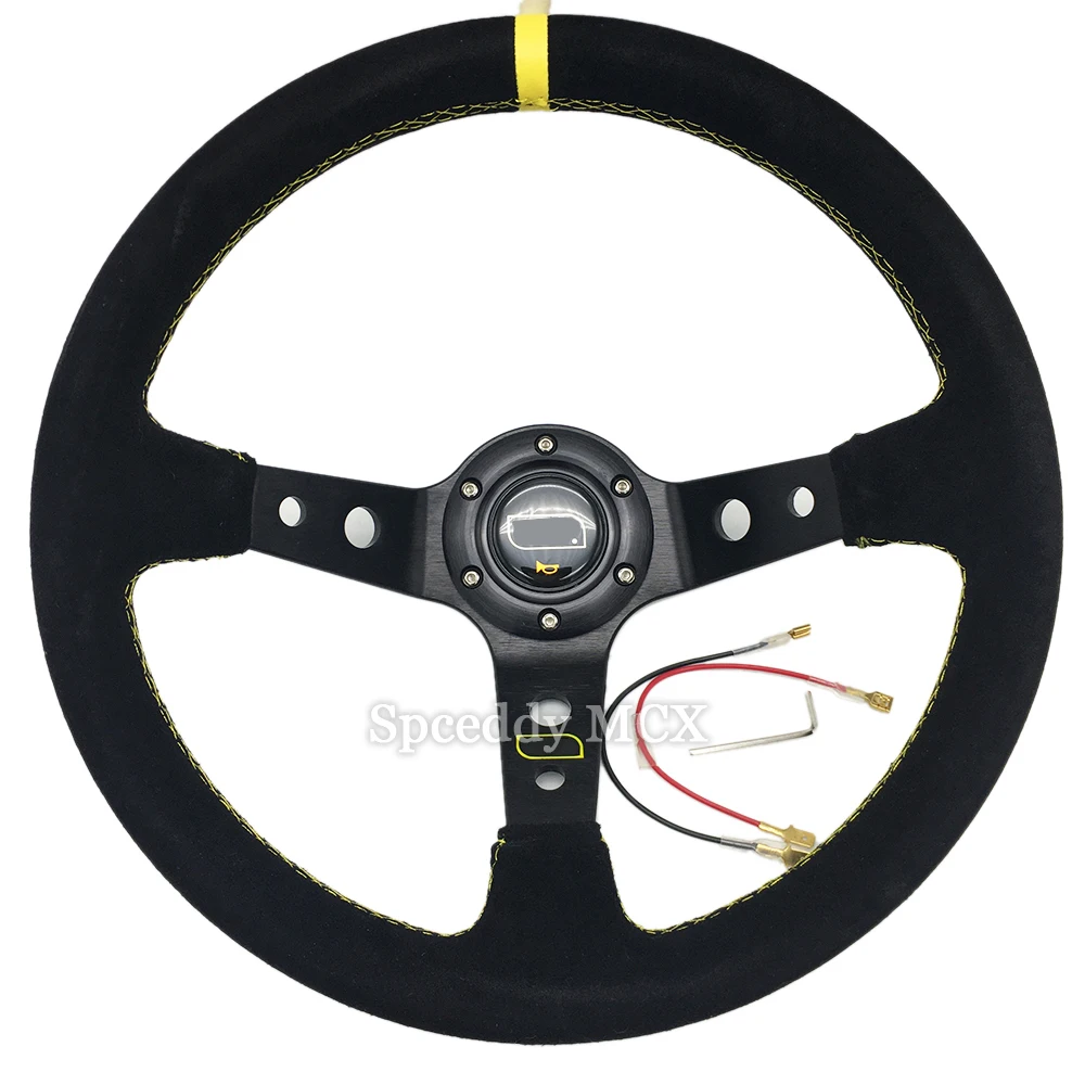Volante Deportivo de 14 Pulgadas (350mm) de Cuero Suede Profundo para Drifting con Botón de Claxon y 6 Orificios, Negro y Azul