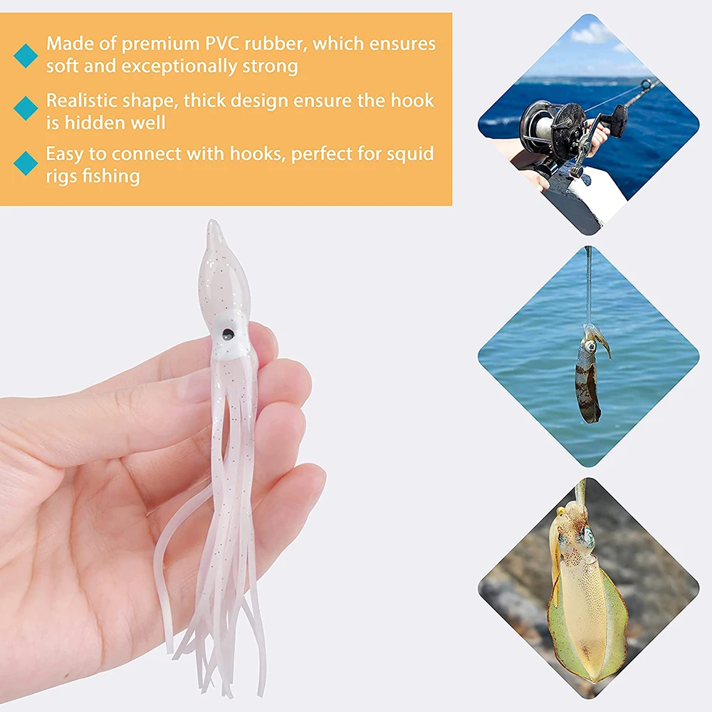 120 Uds faldas de calamar fluorescentes Jig cebo luminoso pulpo señuelos cebo suave agua salada Trolling Señuelos de pesca de fundición 7cm 9cm 11cm