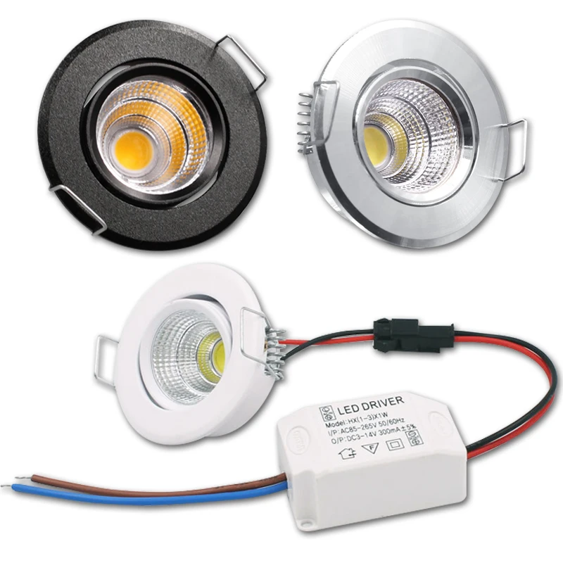 1/5 Uds. Luz LED empotrable de techo regulable redonda de aluminio 3W AC90-260V bombilla Led empotrable COB con controlador