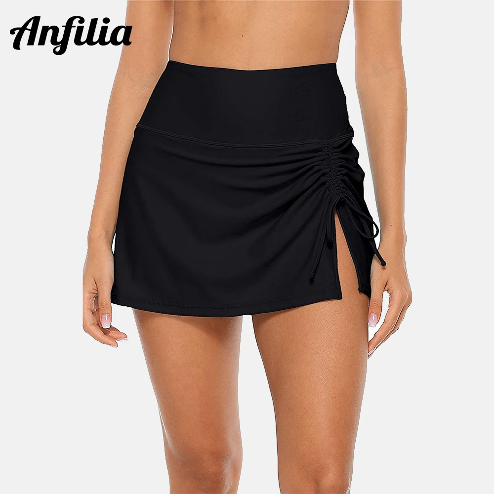 Anfilia-falda de baño con faldón para mujer, ropa de cintura alta, con cordón, deportiva