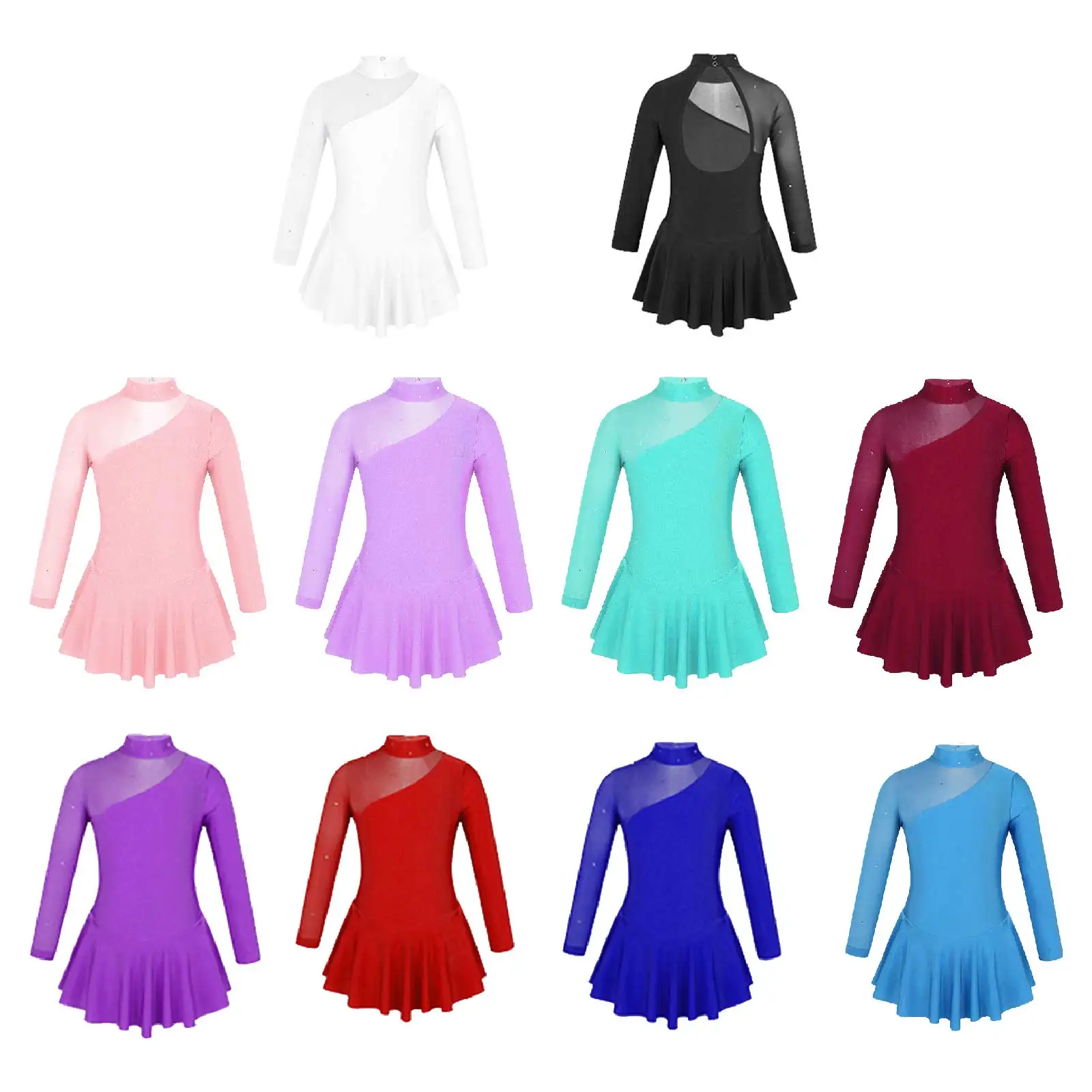 Vestido de patinaje sobre hielo de manga larga para niñas, malla transparente con diamantes de imitación, leotardo de baile de Ballet, vestidos de patinaje sobre ruedas huecos de tul