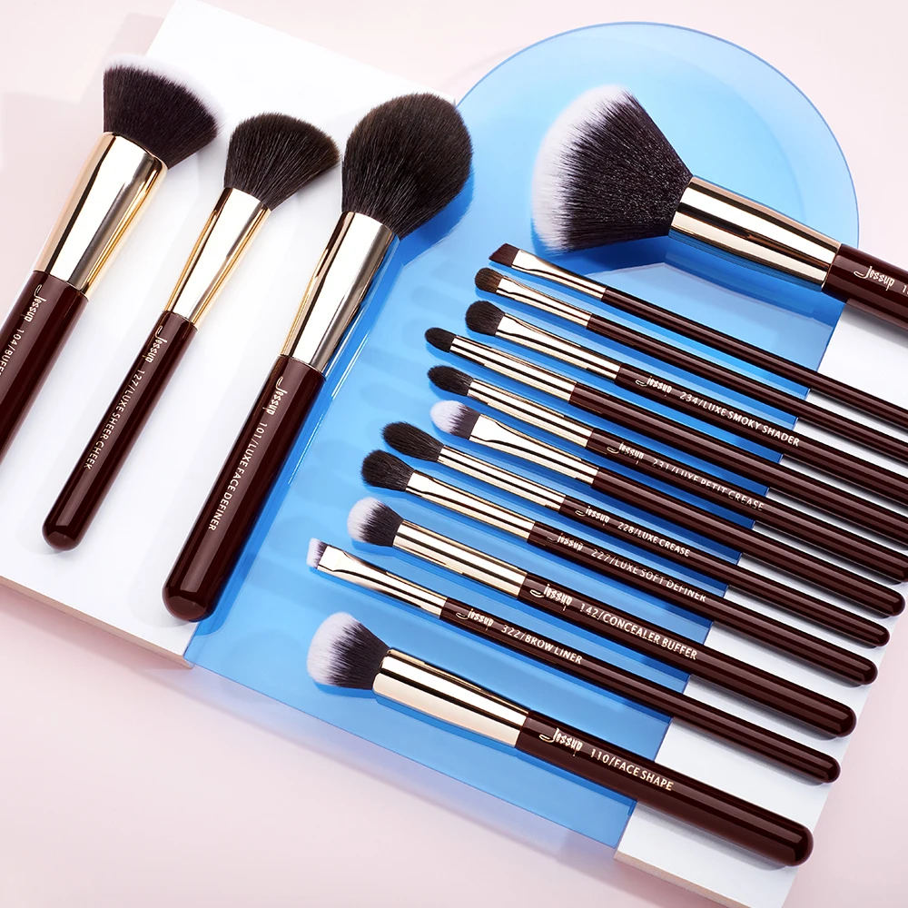 Jessup-Juego de brochas de maquillaje profesional, 15 piezas, sombra de ojos, delineador, base, colorete, mezcla