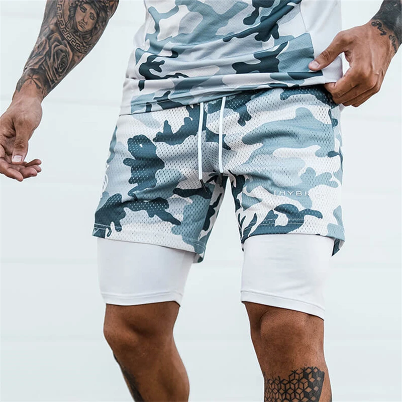 ¡8 colores! Pantalones cortos deportivos 2 en 1 para hombre, Shorts transpirables de malla de camuflaje, de doble cubierta para trotar, correr, secado rápido, gimnasio, Fitness, entrenamiento