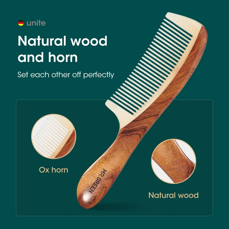 Peine MR.GREEN de Madera Natural con Estructura de Unión de Cuerno, Peine de Dientes Finos Antiestático para Masaje de Puntos de Acupuntura en la Cabeza, Regalo