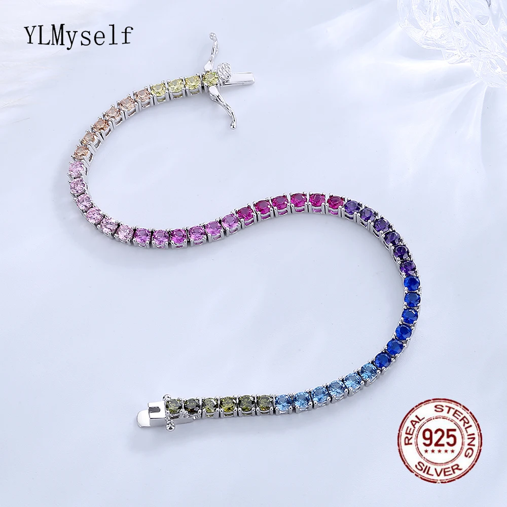 Sólido Plata 925 auténtica pulsera de tenis de circonita arcoíris de 3 mm 15/16/17/18/19/20/21 cm cadena de joyería fina bastante colorida para mujer