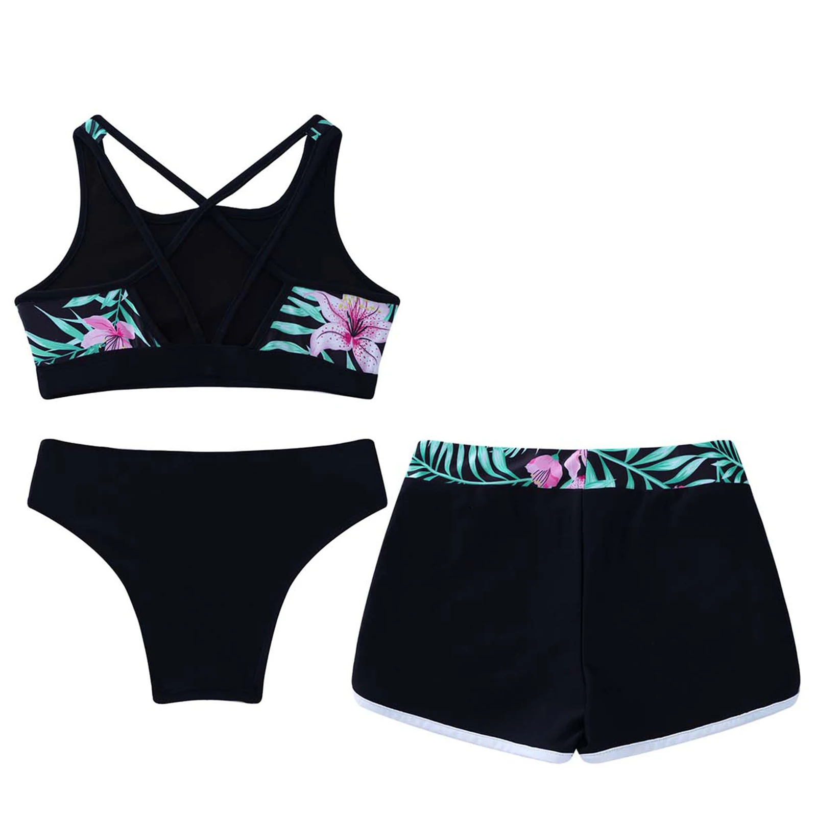 Traje de baño estampado para niñas adolescentes, traje de baño con tirantes cruzados, Tops cortos con pantalones cortos, conjunto de bragas, traje de baño para playa, piscina, parque acuático, protector contra sarpullidos