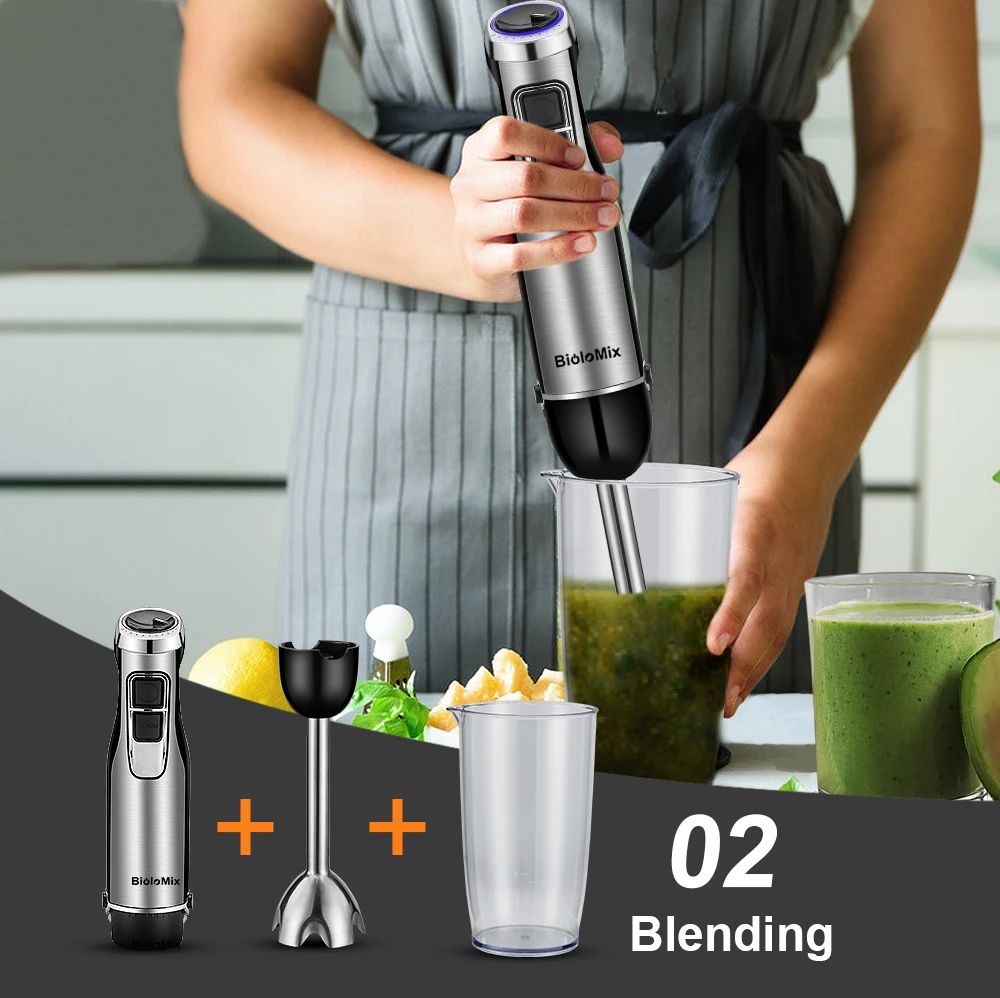 BioloMix-batidora de mano de inmersión 4 en 1, alta potencia, 1200W, incluye picadora y taza para batidos, cuchillas de hielo de acero inoxidable