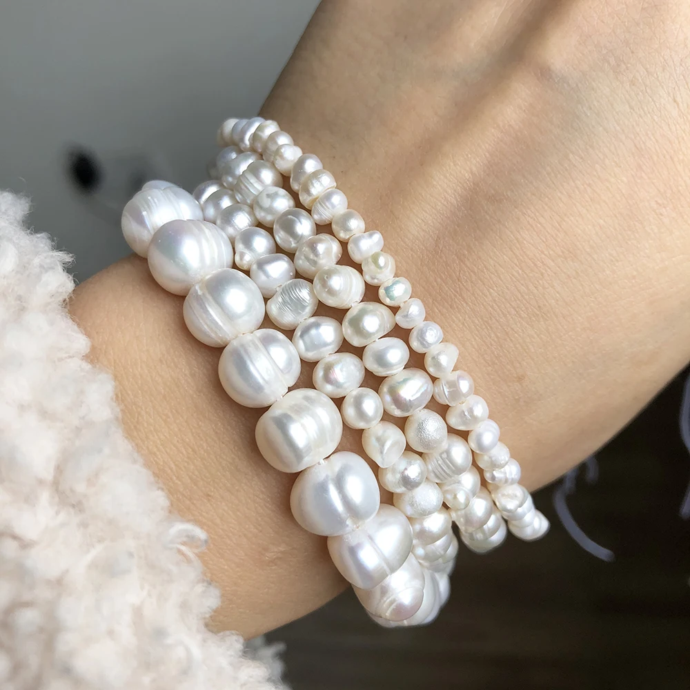 Perlas blancas naturales de agua dulce, perlas cultivadas redondas irregulares para mujer, accesorios de pulsera hechos a mano de 15 pulgadas
