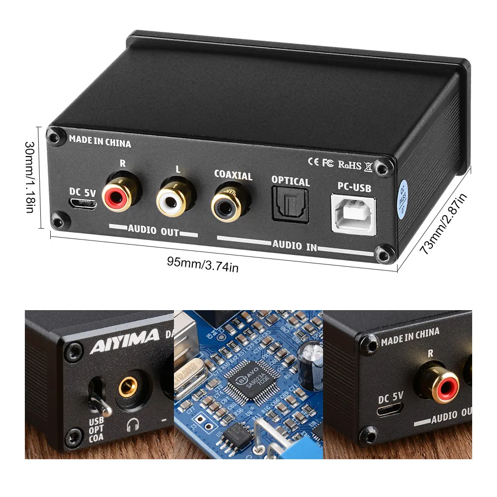 AIYIMA DAC-A2 Amplificador 2,0 decodificador Digital Hifi USB DAC Audio amplificador de auriculares 24 bits 96KHz salida óptica Coaxial RCA