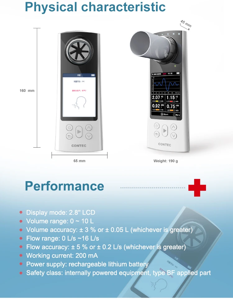 CONTEC Espirómetro Digital Bluetooth SP80B Espirometría Vitalógrafo Diagnóstico de Respiración Pulmonar + Software para PC