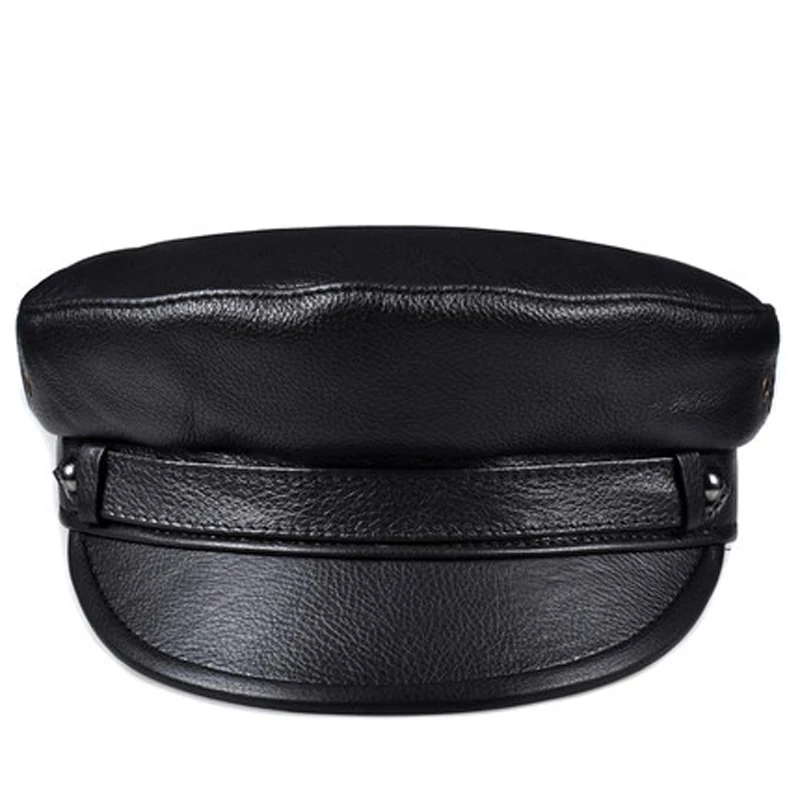 2025 invierno hombres/mujeres sombreros de cuero genuino azul marino Unisex ropa de calle europea/americana gorras negras ajustadas con cinturón Gorro al aire libre