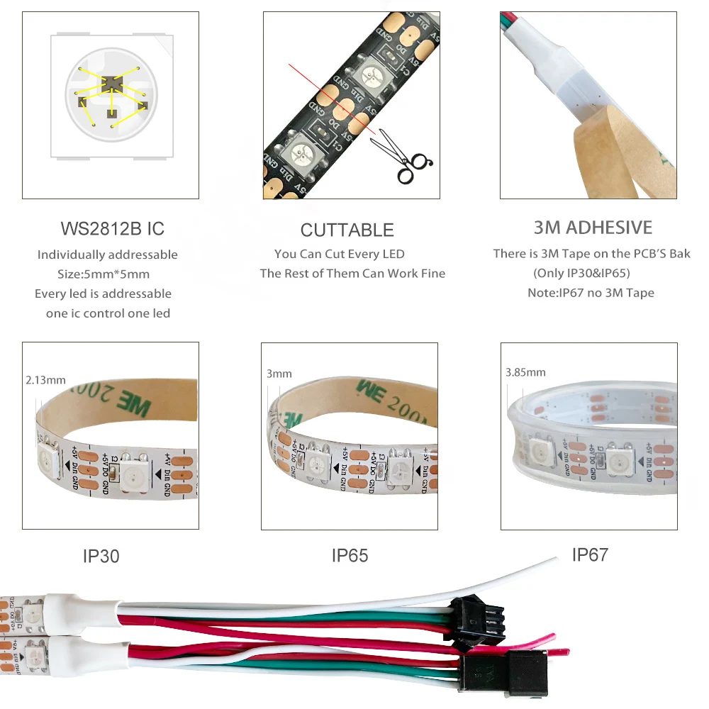 DC5V WS2812B 5 m/rollo 30/60/144leds/m negro/blanco PCB IP30/IP65/IP67 5050RGB direccionable individualmente tira de luz de píxeles led inteligente