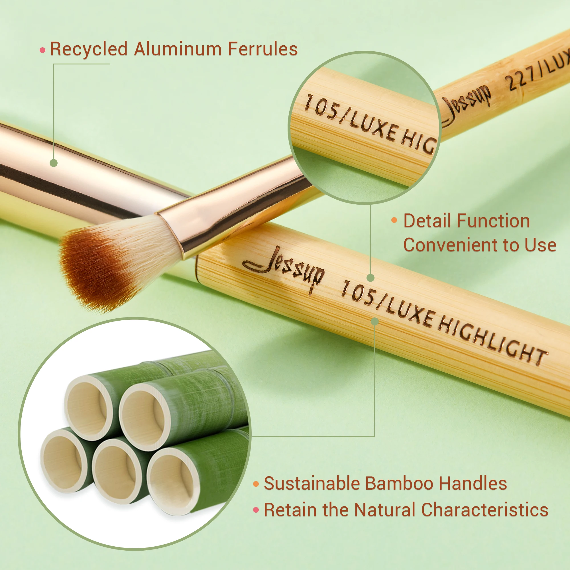 Jessup-Juego de brochas de bambú para maquillaje profesional, juego de brochas para base en polvo, delineador de ojos, sombra de ojos, mezcla de cejas