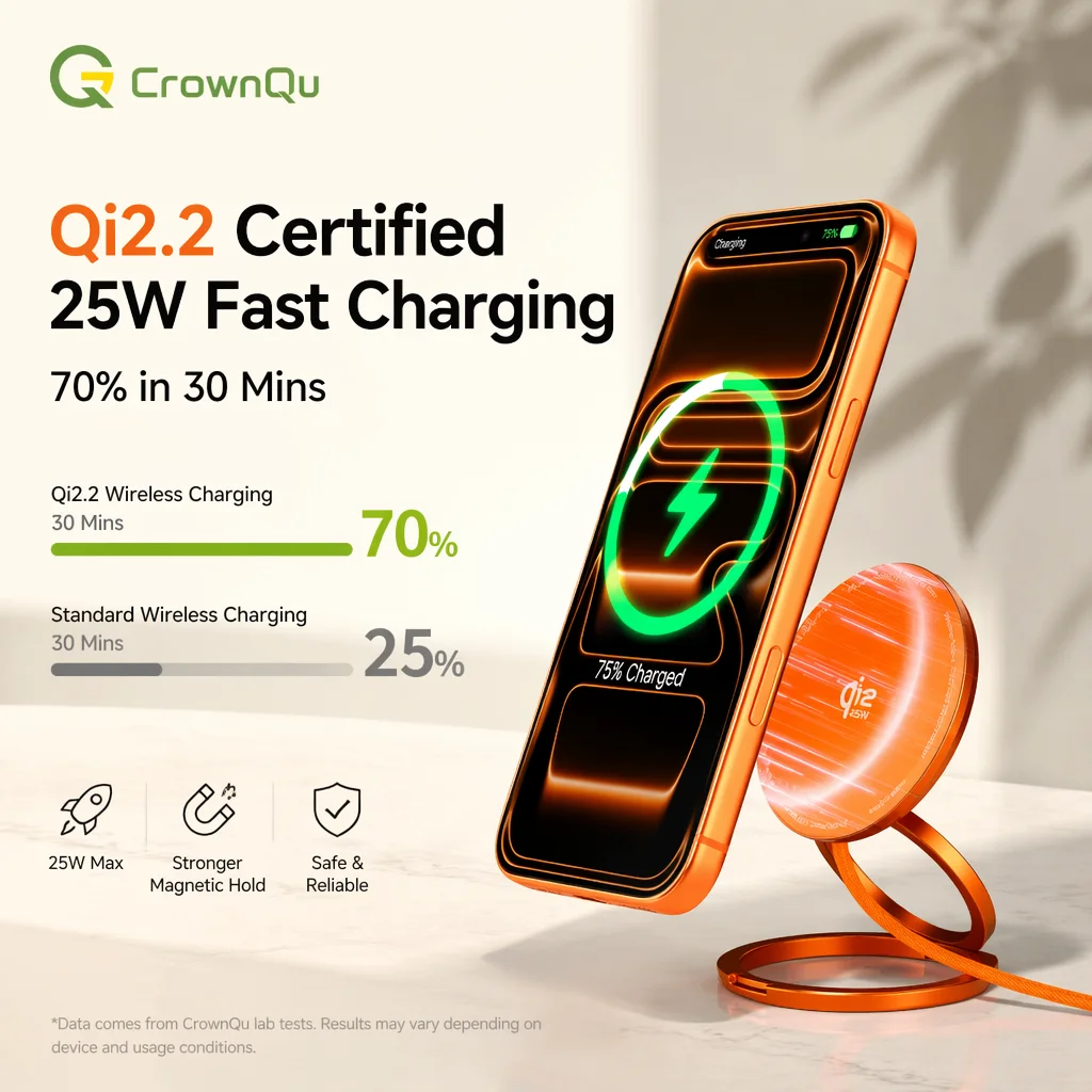 Cargador Inalámbrico Magnético Qi2.2 de 25W con Cable de 47.2 Pulgadas, Carga Rápida, Soporte Plegable para iPhone 17 16 15 Pro Max Huawei Xiaomi iPad