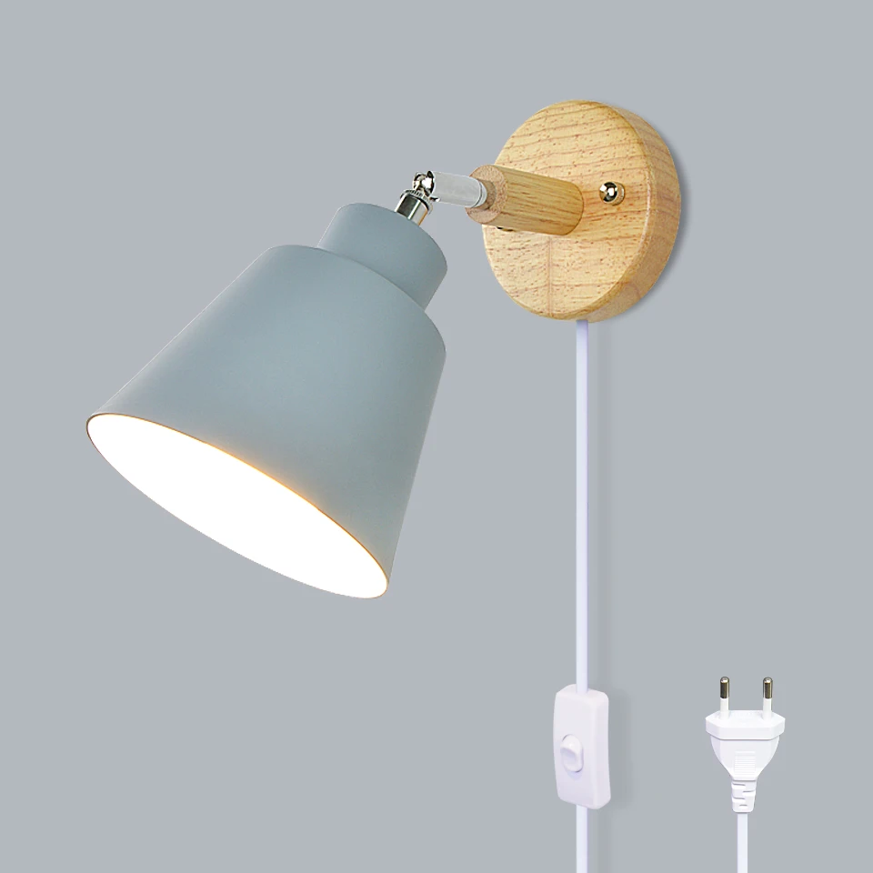 Lámpara de Pared Nórdica para Interiores, DIY, E27, de Madera, 6 Colores, Enchufe EU/UL, 350 °   Lámparas de pared para sala de estar, dormitorio, pasillo, accesorios decorativos