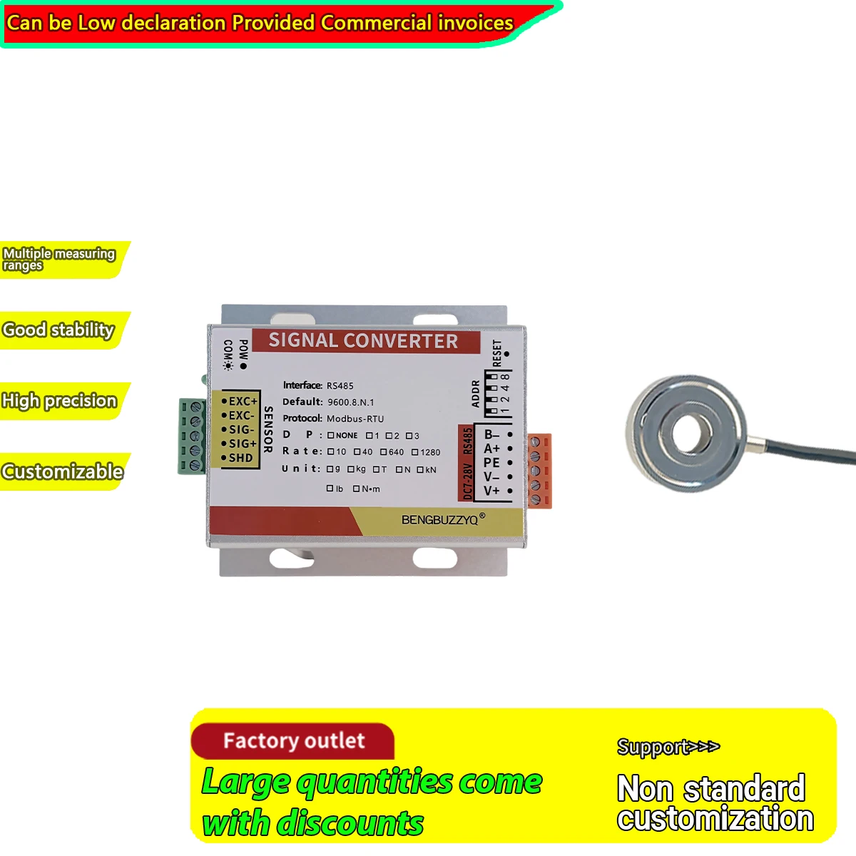 Kit de Celda de Carga a Través del Orificio y Convertidor de Señal 50kg-5t, Sensor de Presión Tipo Donut de Acero Inoxidable con Interfaz RS485 Modbus