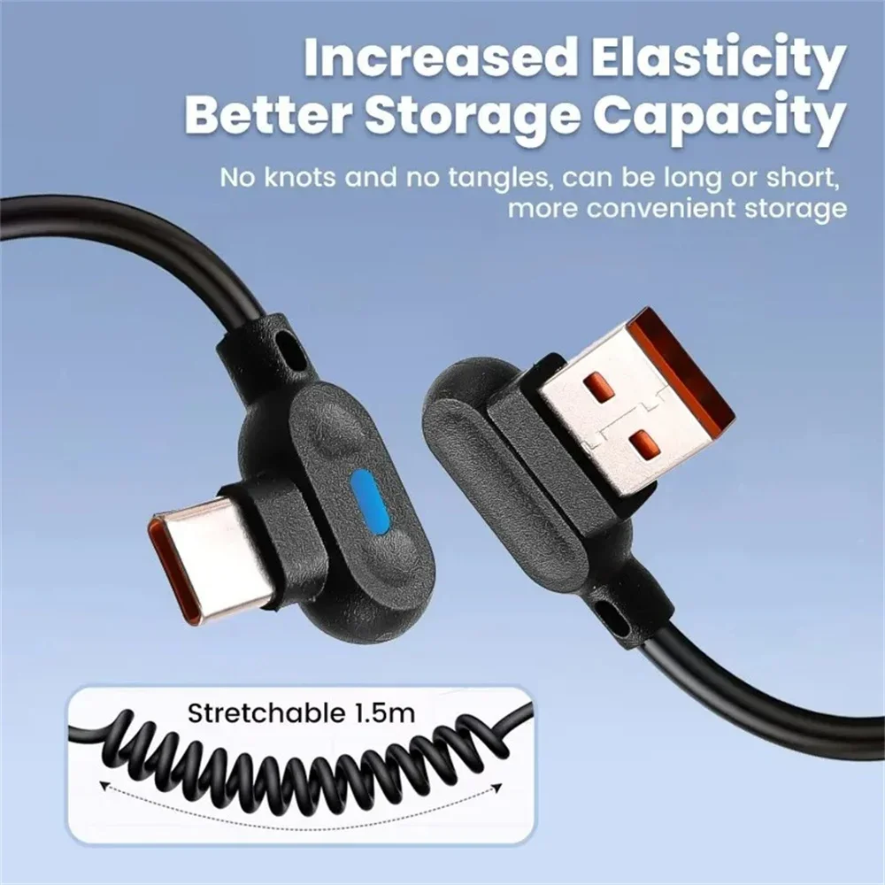 Cable de datos de resorte corto de carga rápida 6A, Cable de carga rápida de codo USB tipo C para Samsung, Huawei, Xiaomi, Cable de sincronización de cargador de teléfono