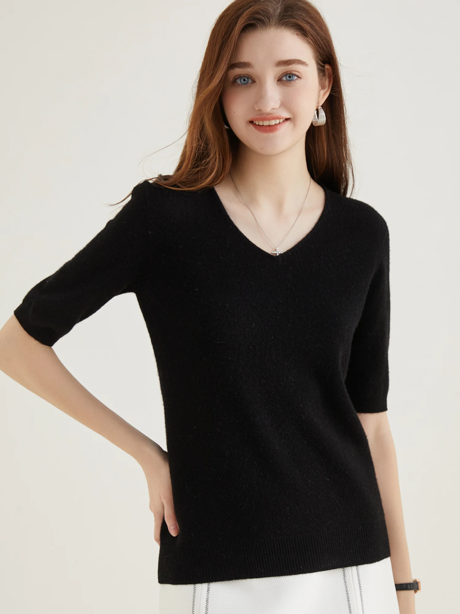 Suéter de mujer, suéter de lana merina de 100% para mujer, jersey, Tops de manga corta, ropa femenina de punto suave con cuello en V para primavera y verano