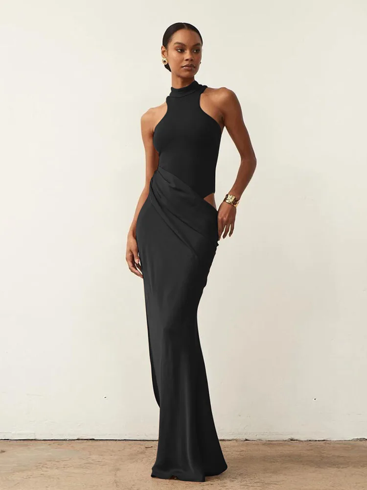 JULISSA MO satén Sexy ahuecado mujeres Maxi vestido negro sin mangas vestido de cintura alta mujer otoño ajustado elegante fiesta Clubwear