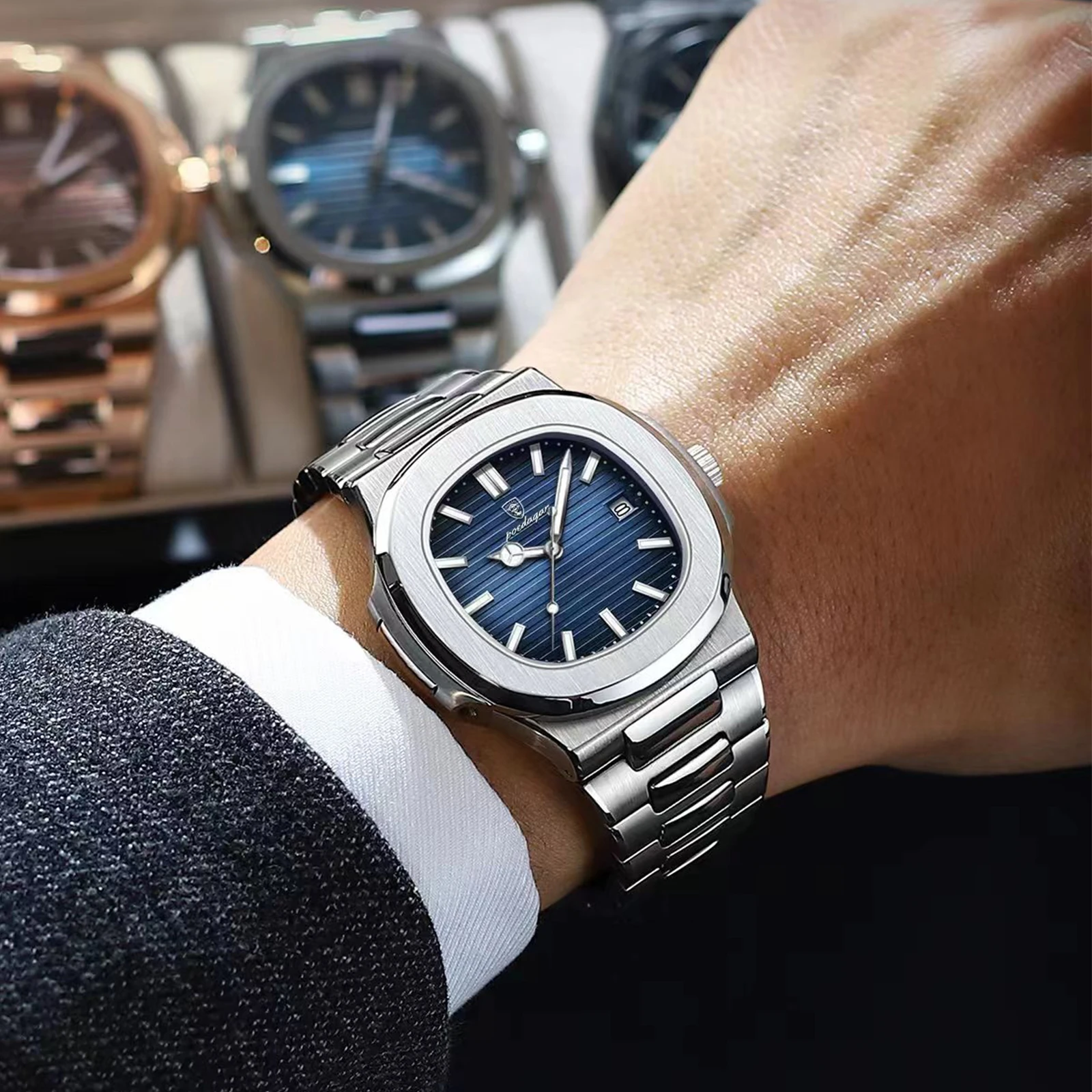 POEDAGAR, reloj cuadrado de cuarzo a la moda para hombre, relojes de acero inoxidable con fecha luminosa resistente al agua para hombre, reloj de pulsera de lujo para hombre de negocios